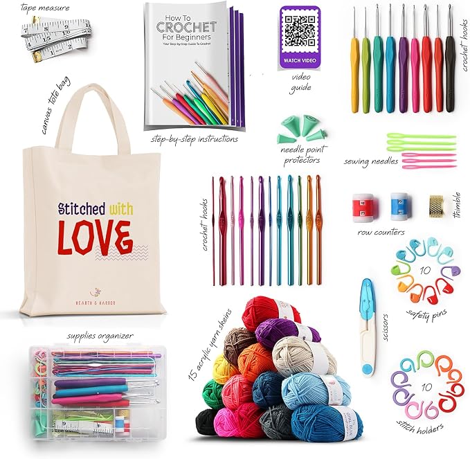 Hearth & Harbor Crochet Kit with 1500 Yards Assorted Yarn Kit, Ergonomic Hooks, Crocheting Instruction, Knitting & Crochet Supplies - Beginner Crochet Kits for Adults, Ideal for Amigurumi