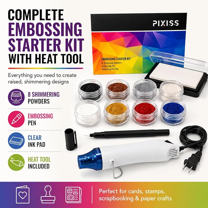 Embossing Kit with Heat Tool Bundle, Embossing Powders, Complete Embossing Starter Kit, Clear Embossing Pen, Embossing Ink Pad, 8X 10ml Embossing Powders for Crafts
