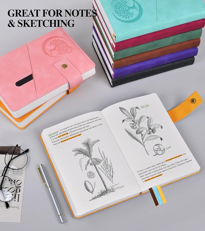 PAIBAS Blank Journal Notebook, A5 Hardcover Leather Sketchbook with 200 Pages Thick Blank Paper for Men Women, Unlined Drawing & Writing Journal, 5.9" x 8.4" Plain Notebook (yellow)