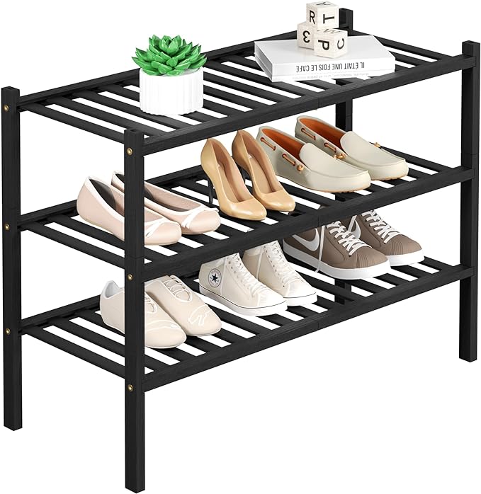 ROMGUAR CRAFT 3 Tier Bamboo Shoe Rack for Closet Free Standing Wood Shoe Shelf Storage Organizer for Entryway Small Space Stackable 27"x11"x20" (Black)