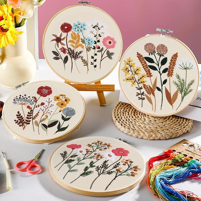 Embroidery Kit, 4 Pack Embroidery Kit for Beginners with Flower Pattern | Cross Stitch Starter Kits for Adults,Hand Embroidery Kit, Stitches Practice, Hand Craft Lover