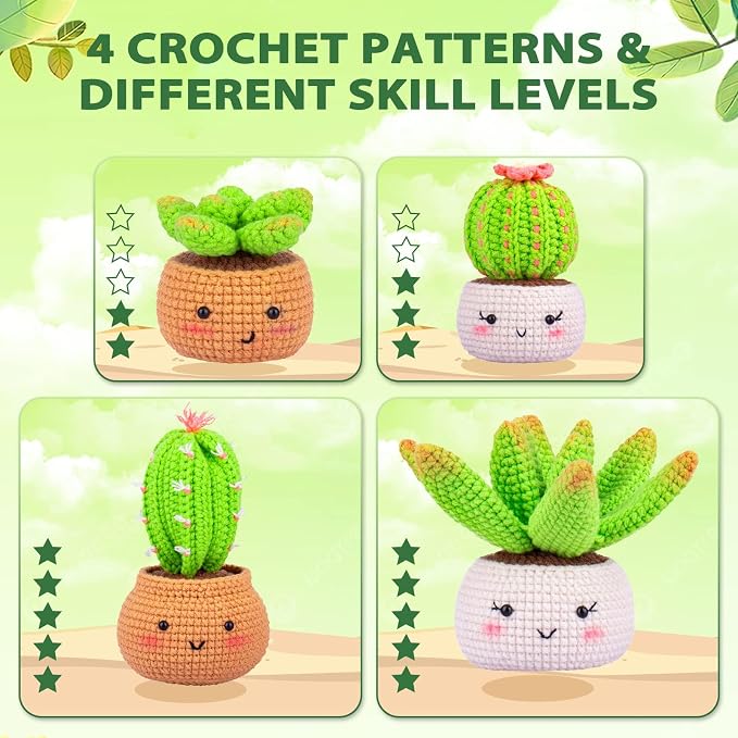 Crochetta Crochet Kit for Beginners - Crochet Starter Kit with Step-by-Step Video Tutorials, Learn to Crochet Kits for Adults and Kids, DIY Knitting Supplies, 4 Pack Plants Family(40%+ Yarn)