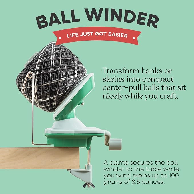 Knit Picks Yarn Ball Winder for Knitting and Crocheting (Green) | Manual ball winder that winds up to 100g or 3.5 ounces of yarn into a cake