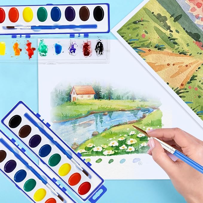 60 Pack Watercolor Paint Set Bulk – 8 Colors Washable Watercolor Paints with Brushes for Kids | Watercolor, Water Color, Acuarelas, Water Paint Set – Ideal for Classroom, Parties, Kindergarten, Art Activities.
