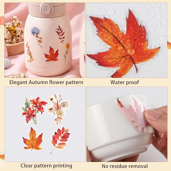 80 Pcs Fall Stickers Natural Autumn Scrapbooking Stickers Transparent Flower Sticker Pack for Scrapbooking Supplies Water Bottles Laptop Journals Phone Cases Notebooks DIY Decor