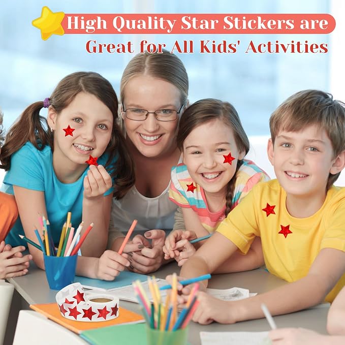 Imeepa 500PCS Holographic Red Star Stickers, 1" Reward Labels for Kids