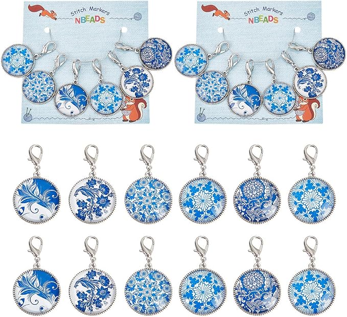 NBEADS 12 Pcs Glass Flat Round with Blue and White Porcelain Pattern Stitch Markers, Zinc Alloy Lobster Claw Clasps Crochet Stitch Marker Charms for Crochet Accessories Quilting Jewelry Making