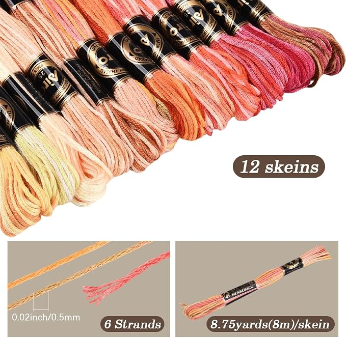 12 Skeins 105 Yards Cross Stitch Floss Colorful Embroidery Thread 6 Ply Variegated Friendship String Polyester Threads Bulk for Sewing Making Bracelets Clothes Stitching Decor Craft DIY