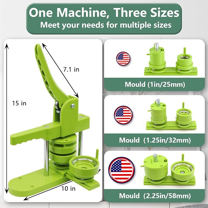 Happizza Button Maker Machine Multiple Sizes, Pin Maker Machine 1+1.25+2.25 inch, Interchangeable Button-Models Badge Button Press Machine with 300 Sets 25+32+58mm Button Maker Supplies&Circle Cutter