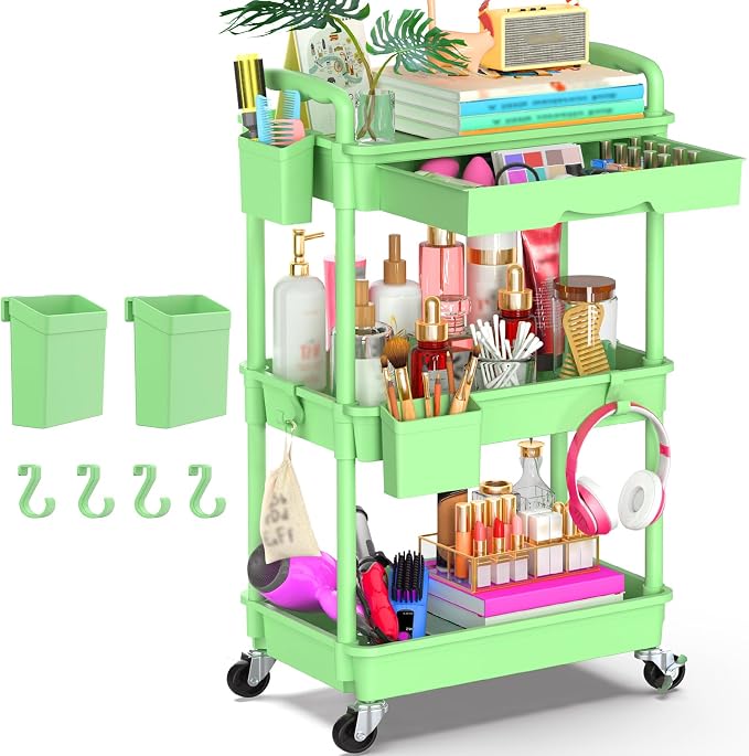 Goovilla 3 Tier Rolling Utility Cart Organizer with Removable Drawer, Green | Stable and Sturdy Rolling Storage Carts with 2 Lockable Wheels for Bathroom, Kitchen, Snack, Craft, Makeup, Baby Essentials