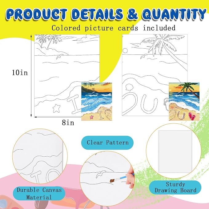Yeaqee 13 Pcs Sip and Paint Kit for Adults Stretch Canvas Date Night Valentines Painting Kit Supplies Art Painting Set Outline Design Blank Stretch Canvas for Couple Party(Beach,10 x 8 Inch)