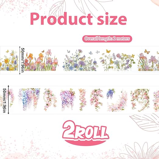 2 Rolls Floral Washi Tape Clear Colorful Vine Flower Tapes Stickers Decorative Tape for Crafts Cute Washi Masking Adhesive Pet Tapes for Journaling Journal Supplies Planners Scrapbook Gift Wrapping