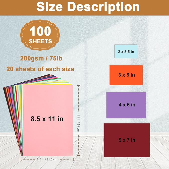 Silunkia 100 Sheets 20 Colors Cardstock 5 Assorted Size Craft Paper 75lb