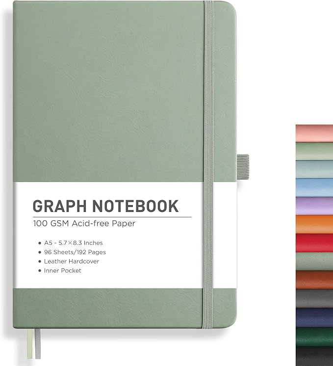 RETTACY Graph Grid Paper Notebook, 192 Pages, A5 Size (5.7'' x 8.3'') | 5 Squares per Inch, Leather Hardcover, 100 GSM Thick Paper, for School, Students, Math, Engineering (Sage Green)