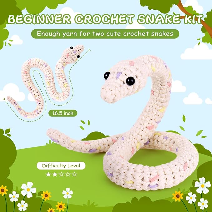 Crochet Kit for Beginners, Beginner Crochet Kit for Teenagers Adults with Step-by-Step Video Tutorials, DIY Crochet Animal Kits Knitting Supplies, Snake (40%+ Yarn)
