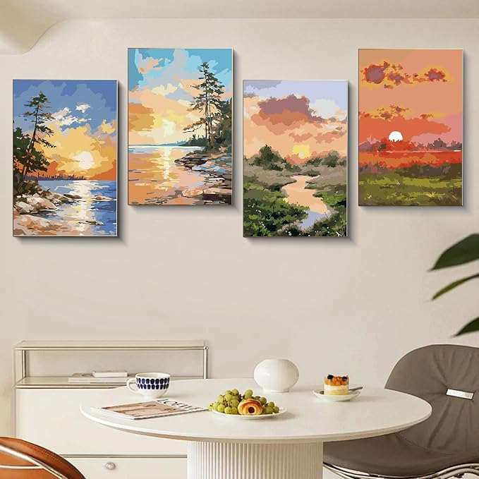 4 Pack Framed Paint by Numbers Kit for Adults with Wooden Easel 8x12 Inch | Sunrise and Sunset Landscape, For Adults Beginner, DIY Acrylic Painting, Stress Relief Craft Kits, Home Wall Decor Gift
