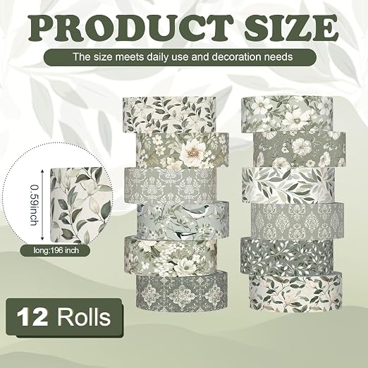 12 Rolls Floral Washi Tape Set,Sage Green,Greenery | Watercolor Flowers Design for Scrapbook Journal DIY Craft School Supplies, 15 mm Vintage Decorative Masking Washi Tapes