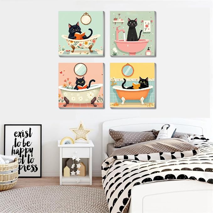 Canrichshop 4P Bathing Cat Paint by Numbers for Beginner with Frame,Black Cat Adult Painting by Numbers Kits on Canvas, DIY Oil Painting for Decor 8X 8 inch