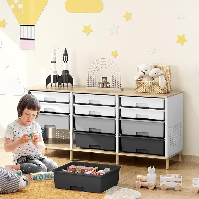 TOOLF 12 Drawers Storage Cabinet with Wooden Top and Plastic Bins, Grey | Toy Shelf Storage Chest Cubby Organizer, for Home, Office, Playroom, Classroom & Craft Room
