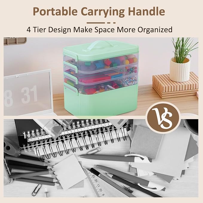Gifhomfix 4-Layer Plastic Craft Organizers and Storage Box with Removable Trays, Storage Containers with lids and Handle, Art Supply Storage Organizer for Organizing Bead, Sewing, Tool（Green）