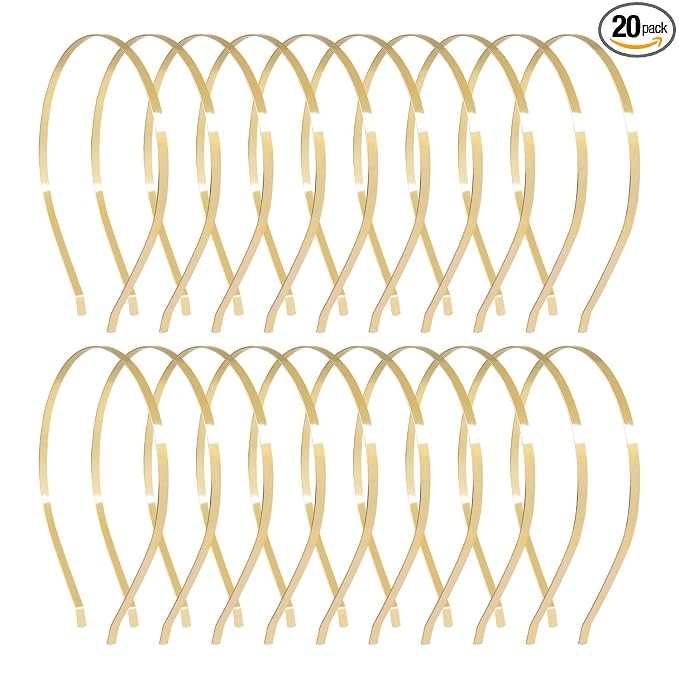Lawie 20 Pack Bulk 5 MM Wide Thin Silver Gold Black Plain Blank Hard Metal Headbands Base Hair Bands Clasps Tiara DIY Craft Accessories for Women (Gold)