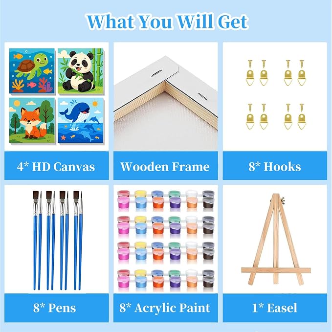 Arttoplus 4 Pack Paint by Numbers Kit for Kids with Frame Animals 8x8 inch | Cute Animals Kids Paint by Numbers Ages 4-6-8 with Wooden Easel, Easy DIY Acrylic Oil Painting by Number for Gift Home Decor