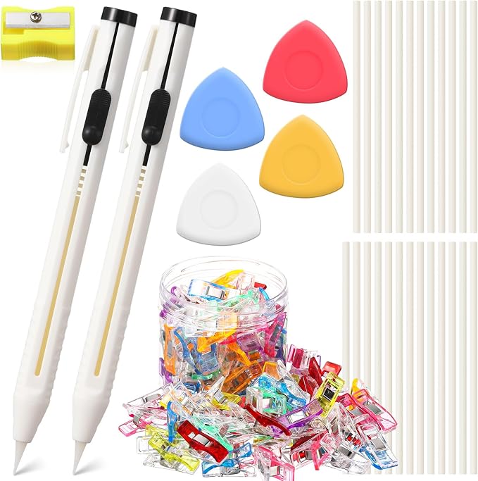 Watersay 88 Pcs Chalk Pencil Refillable Cartridge Set with Triangle Tailors Chalk Sewing Clips, Sewing Tailors Pen Heat Erasable for Quilting Farbic Markers Supplies Accessories