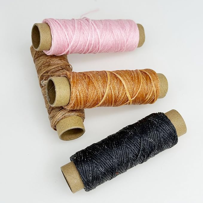 4 PCS Leather Sewing Waxed Thread, Each of 33 Yards 150D Sewing Thread Cord for Leather Craft DIY Supplies, Shoes Repairing, Black, Dark Khaki, Light Brown, Pink