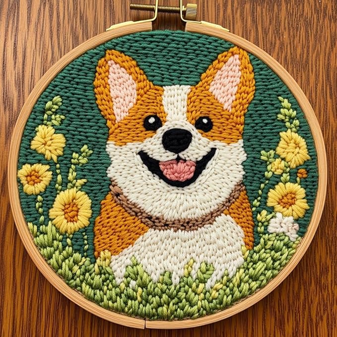 DIY Punch Needle Kits Cute Cartoon Corgi Dog with Hoop 20x20cm-3 | with Pattern Stamped Easy for Beginners Embroidery Punch Needle Starter Craft Set for Adults Festival Gift and Decoration
