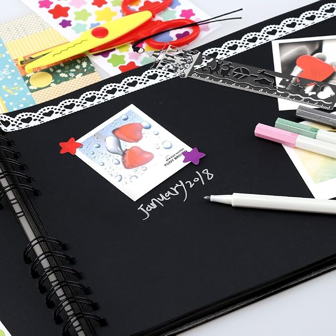 Gotideal 80 Pages Scrapbook Album with 10 Metallic Markers, Black | Craft Paper Photo Album for Wedding and Anniversary, Family DIY Scrapbook Accessories with Scrapbooking Stickers Corners