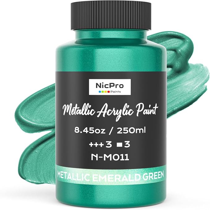 Nicpro Metallic Emerald Green Acrylic Paint, 8.45oz/250ml Craft Paints | Large, Non Toxic, Non Fading Pearlescent Paint for Metal, Wood, Clay, Canvas, Ceramic, Furniture, Handcrafts, Art Supplies