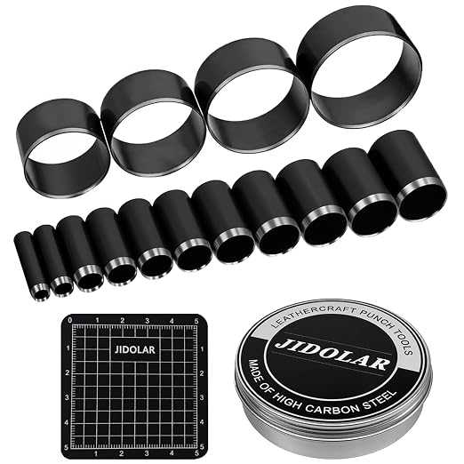 15 Pieces Leather Circle Cutter Tool Set, Hole Punch Tools with 5 6 8 10 11 12 16 20 22 25 30 35 40 45 50mm, High Carbon Steel Round Cutting Dies, Hole Punch Tool Kit for DIY Leather Crafts