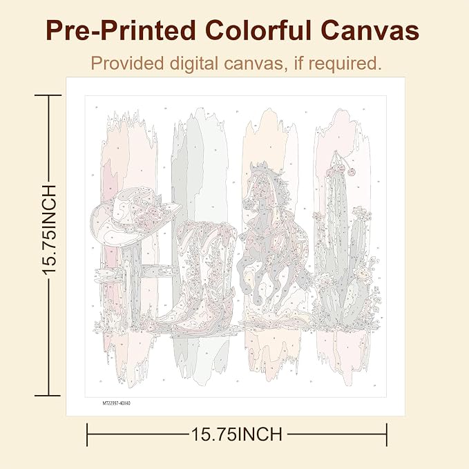 Gemozaic Western Paint by Numbers Kit for Adults, 16 x 16 INCH, Unframed | Adult's Paint by Number for Adult, Horse, Cowboy Boots, Hat, Cactus, DIY Acrylic Numbers Painting for Home Wall Decor, Gift