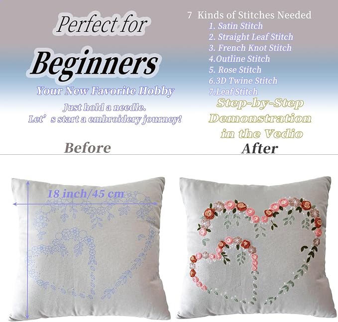 FONNUY Crewel Pillow Case Embroidery Kit, Heart Shaped Loving You Floral Stamped Pattern Kits for Audlt Beginners, Works Crafts Throw Pillow Cover Great Gift for Loved Ones, 18 x 18'' (Light Grey)