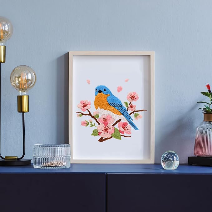 Louise Maelys Blue Bird Embroidery Kit for Beginners, DIY Floral Kit | Needlepoint Kit with Hoop, Printed Fabric, Threads, Needles and Instructions. Perfect for DIY Cross Stitch Kits craft at home