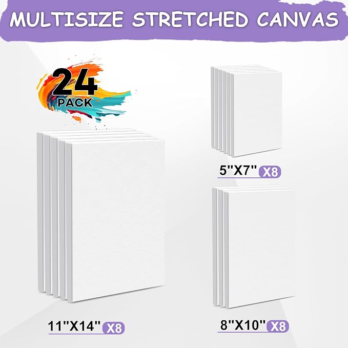 ESRICH Stretched Canvas for Painting, 24 Multi Pack 11x14, 8x10, 5x7(8 of Each) Blank Canvases for Painting, Primed Paint Canvas for Oil Paint, Acrylic Paint, for Beginners, Artists.
