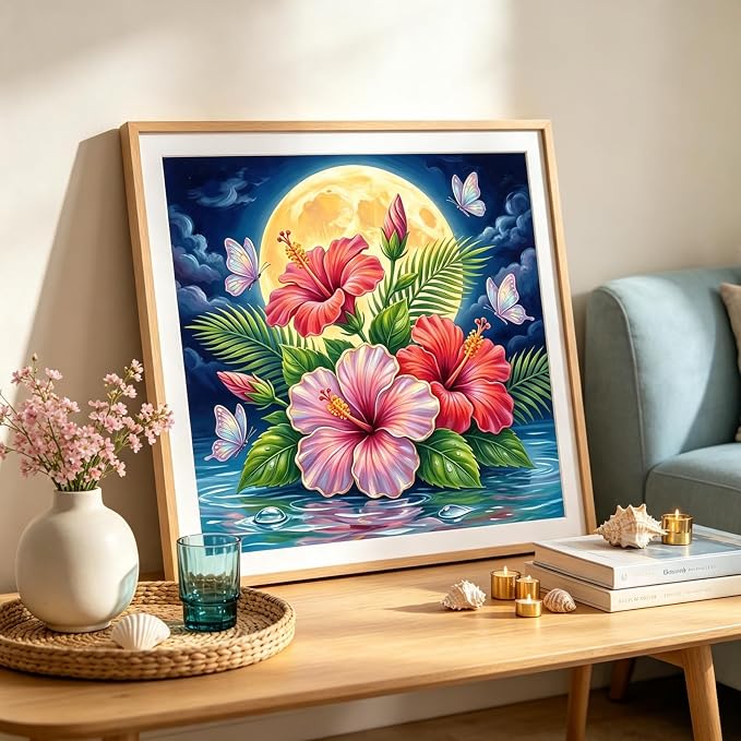 Hibiscus Flower Diamond Painting Kits for Adults,Moon Diamond Art Kits | DIY Full Round Drill Gem Painting Tropical Floral Paint by Diamonds Relaxing Craft for Home Wall Decor 13.75x13.75In
