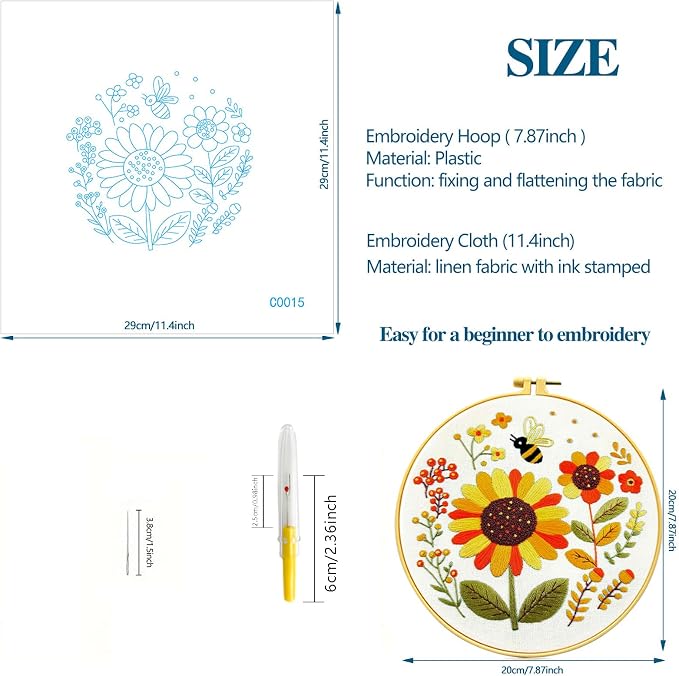 Zhenqing Bees & Flowers Embroidery Kit 11.4x11.4cm - 4-Piece Complete Cross Stitch Set with Pre-Printed Fabric, Threads, Hoop, Needles & Instructions | DIY Craft for Adults, Beginners-Friendly (C0046)