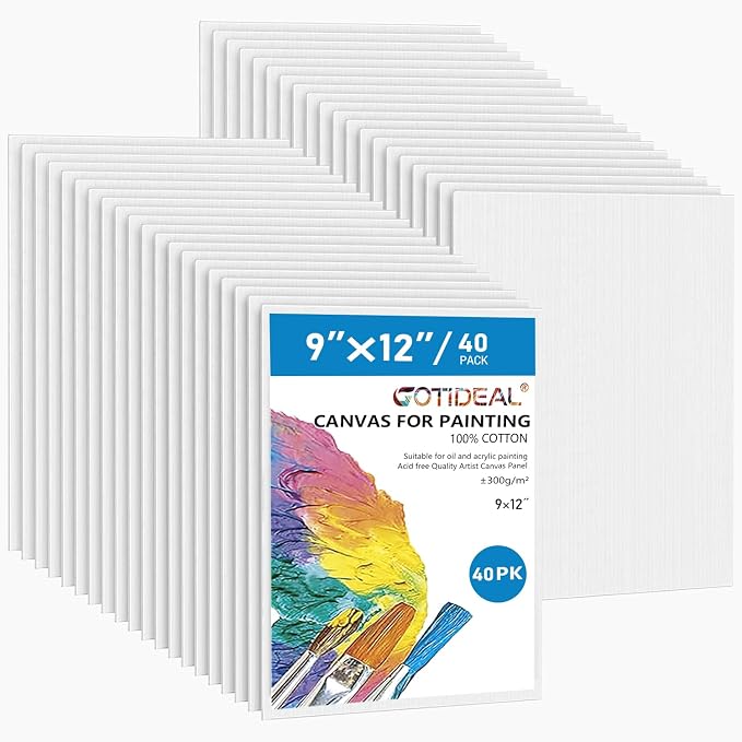 Gotideal Canvas for Painting, 40pcs 9x12 Primed Bulk Painting Canvas Board for Kids and Adults, White Blank Canvas Panels for Acrylic Paint, Oil, Pour Art Supplies | for Kids and Adults, White Blank Canvas Panels for Acrylic Paint, Oil, Pour Art Supplies