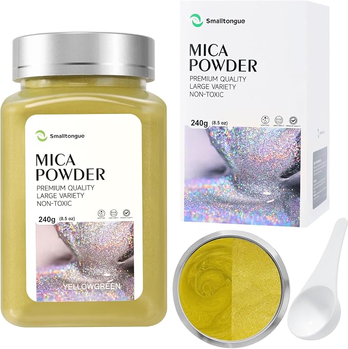 Mica Powder, Yellowgreen, 240g with Scoop, Complies with ASTM D-4236 | For Epoxy Resin, Soap, Bath Bomb, Candle| Safety Material| Odorless| Brilliant Colors