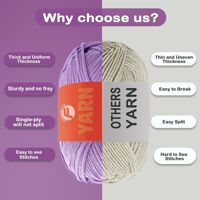 2x3.5Oz Beginner-Friendly Yarn for Crocheting and Knitting;Worsted-Weight Medium #4;Cotton Blend Yarn for Beginners with Easy-to-See Sitches,Great for Amigurumi DIY (Purple, 2 Skein)
