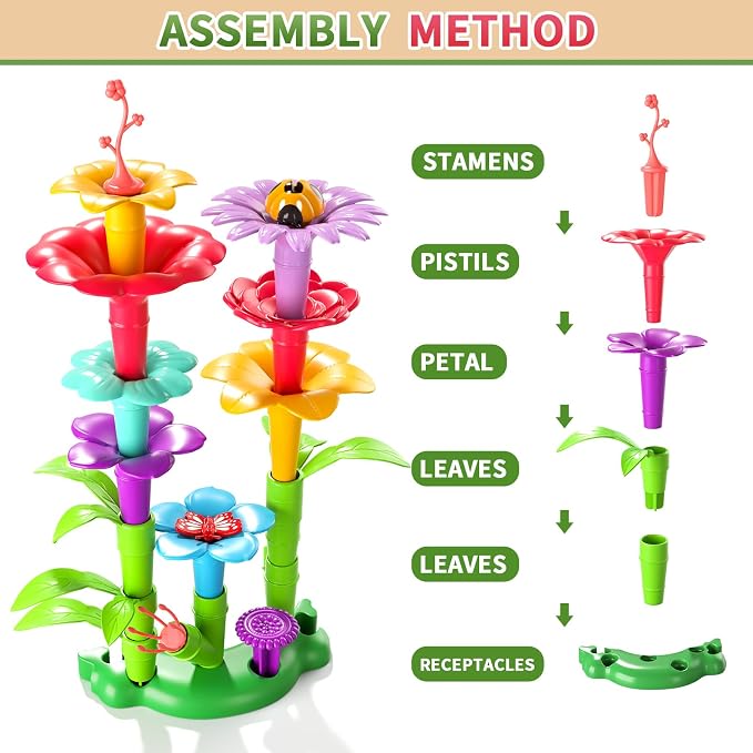 Garbo Star Flower Garden Building Toys for Girls, Educational Activity Preschool Birthday Gifts for 3 4 5 Year Old Girls, Toddler Building Stem Toys for Kids Toddlers Ages 3-5