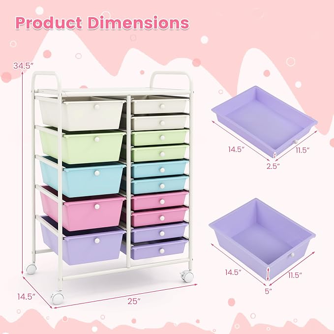 LDAILY 15 Drawer Rolling Storage Cart, Rolling Cart with Drawers for Classroom, Art Supply Craft Organizer on Wheel with Metal Frame & Handles for Home Office School (Ice cream color, 15 Drawer)