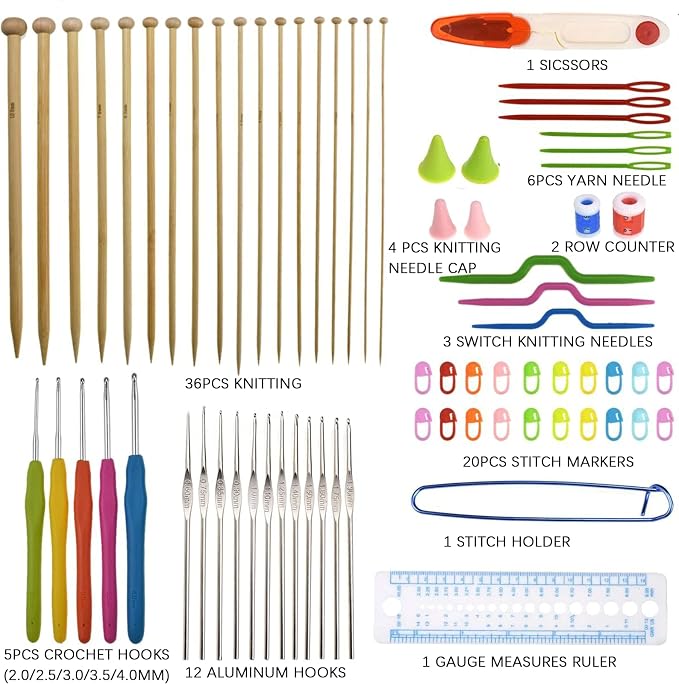 LOOEN Bamboo Knitting Needles Kit 36 Pcs Single Pointed Bamboo Knitting Needles 2.0mm-10.0mm Weaving Tools Knitting Kits (Pink Case)
