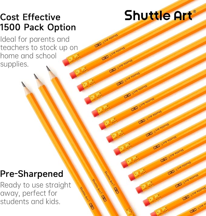 Shuttle Art 1500 Pack #2 HB Pencils Pre-Sharpened, Bulk Pencils with Erasers