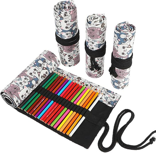 DIYOMR 24/36/72 Slots Pencil Wrap Pencil Rolls, Artist Colored Pencils Roll Up Bag Short Brushes Pouch Case Pencils Organizer for Drawing Coloring and Sketching,No Pencils (Big Headed Cat, 36slots)