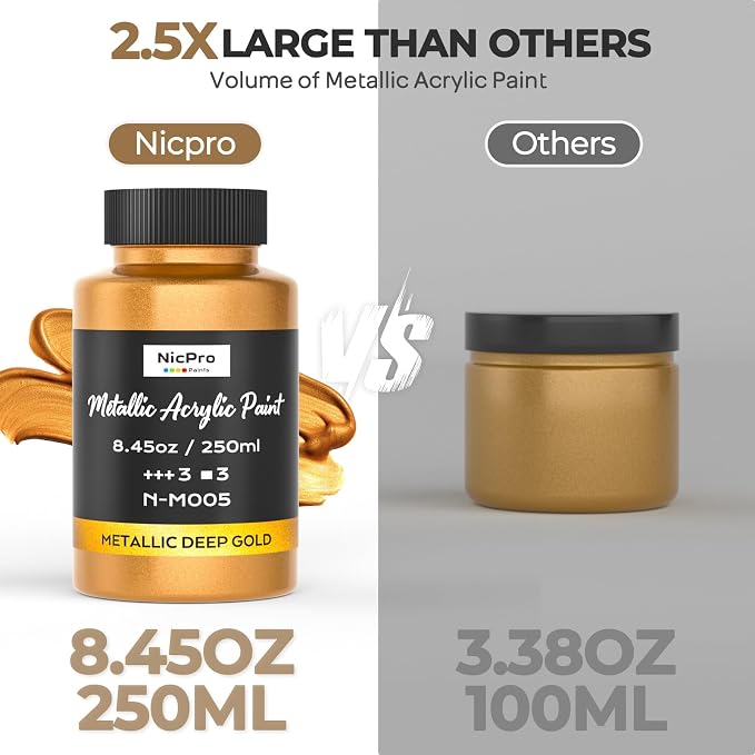 Nicpro Metallic Deep Gold Acrylic Paint, 8.45oz/250ml Large Gold Leaf Paint | Non Toxic, Non Fading Craft Paints for Metal, Wood, Clay, Fabric, Canvas, Furniture, Handcrafts, Art Supplies