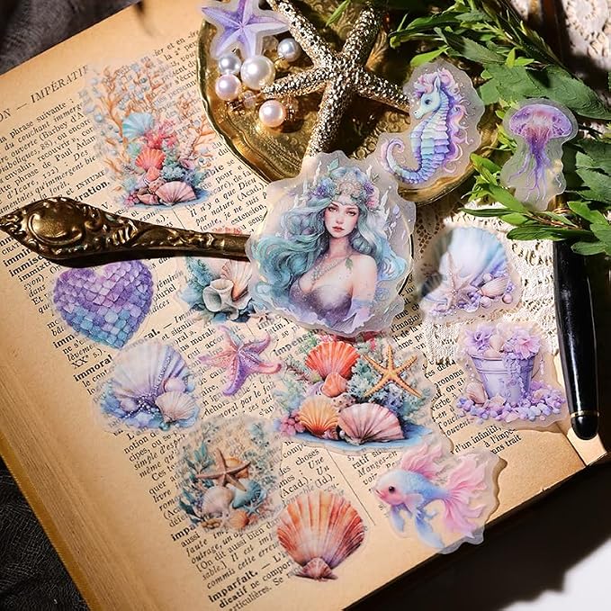 CATaireen Vintage Junk Journal Ephemera Scrapbooking Supplies Translucent Vellum Paper Stickers Card Making Decal Art Aesthetic for Adults (Character Mermaid)