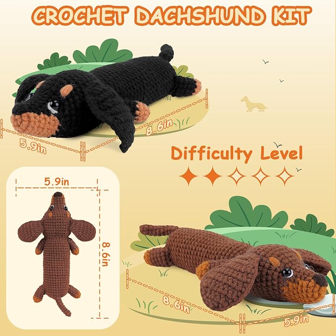 Fortuning's JDS Crochet Kit for Beginners, 2 PCS Dachshund Crochet Kits