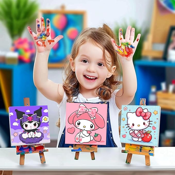 4 Pack Cartoon Paint by Numbers Kit for Kids with Frame - Wooden Easel | Cute Kids Paint by Numbers Ages 4 8 12, Easy DIY Acrylic Oil Painting for Gift Home Wall Decor (8x8 inch)